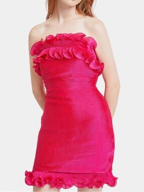 Lena Strapless Ruffle Trim Mini Dress in Hot Pink